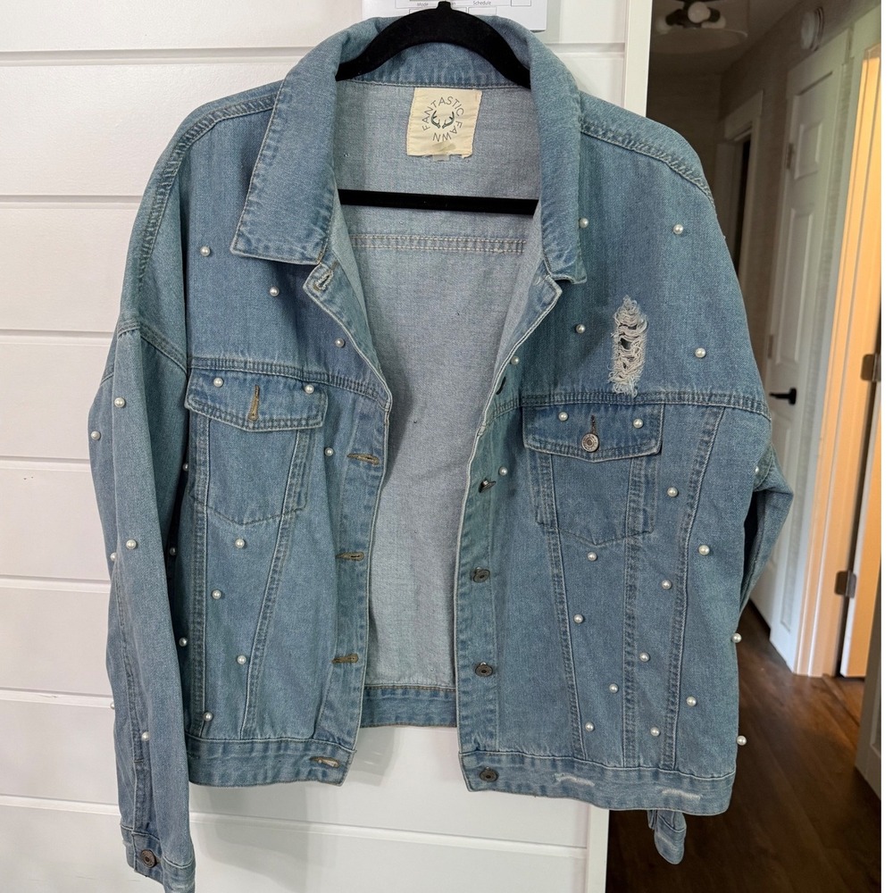Fantastic Fawn Pearl Embellished Distressed Denim Jacket Light Wash Medium
